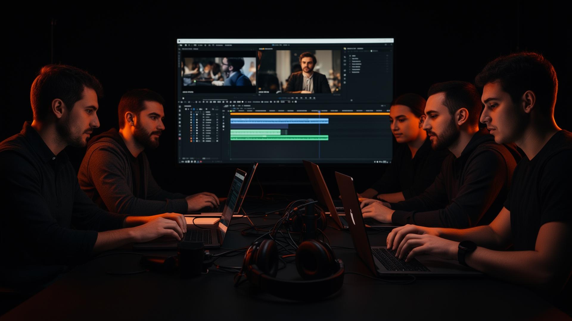 A digital content studio team collaborating around laptops and a video editing screen